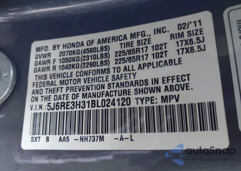 2011 Honda Cr-V Lx from USA, damaged, VIN 5J6RE3H31BL024120